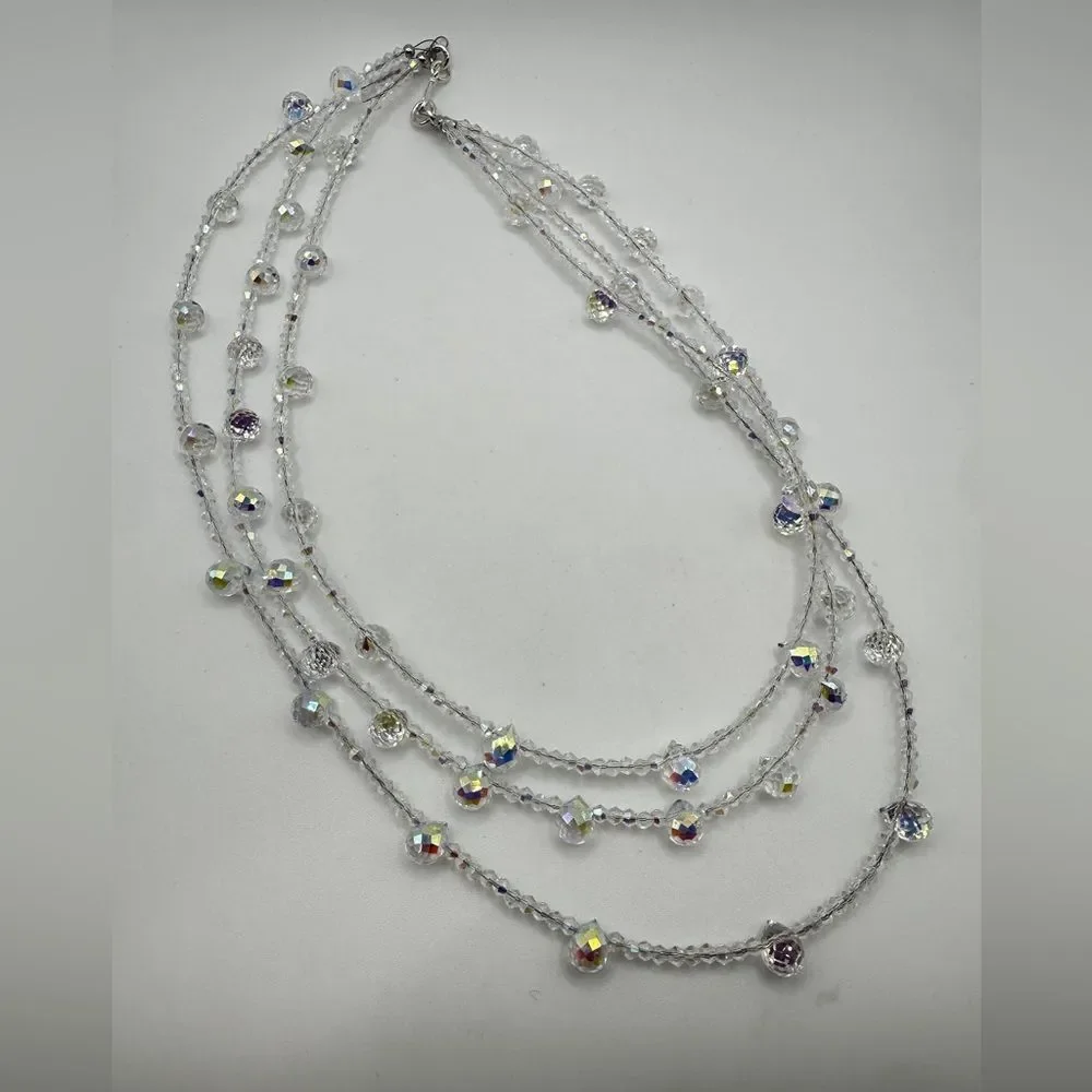 Three strands faceted glass, Aurora Borealis beaded necklace with s925 hardware!